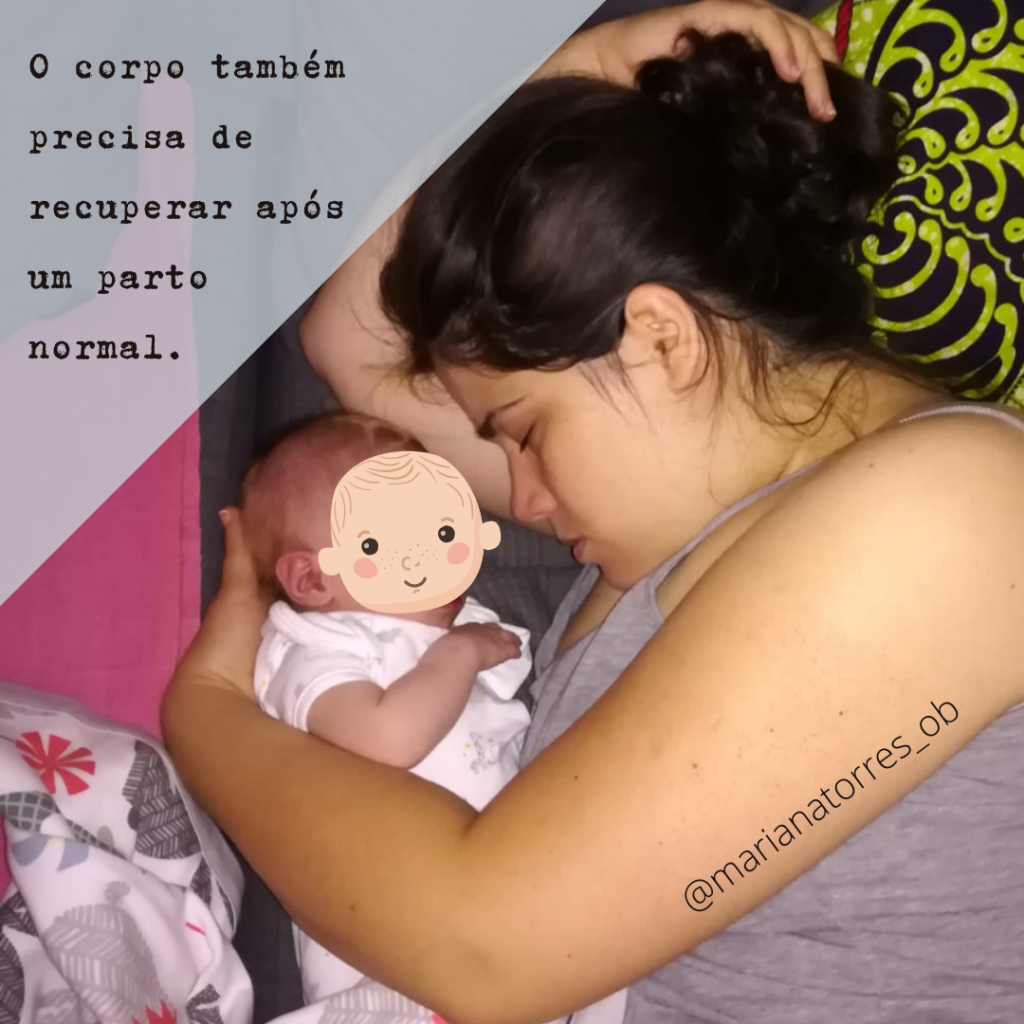 puerpera dorme lado a lado com bebe e texto " o corpo também precisa de recuperar após um parto normal"