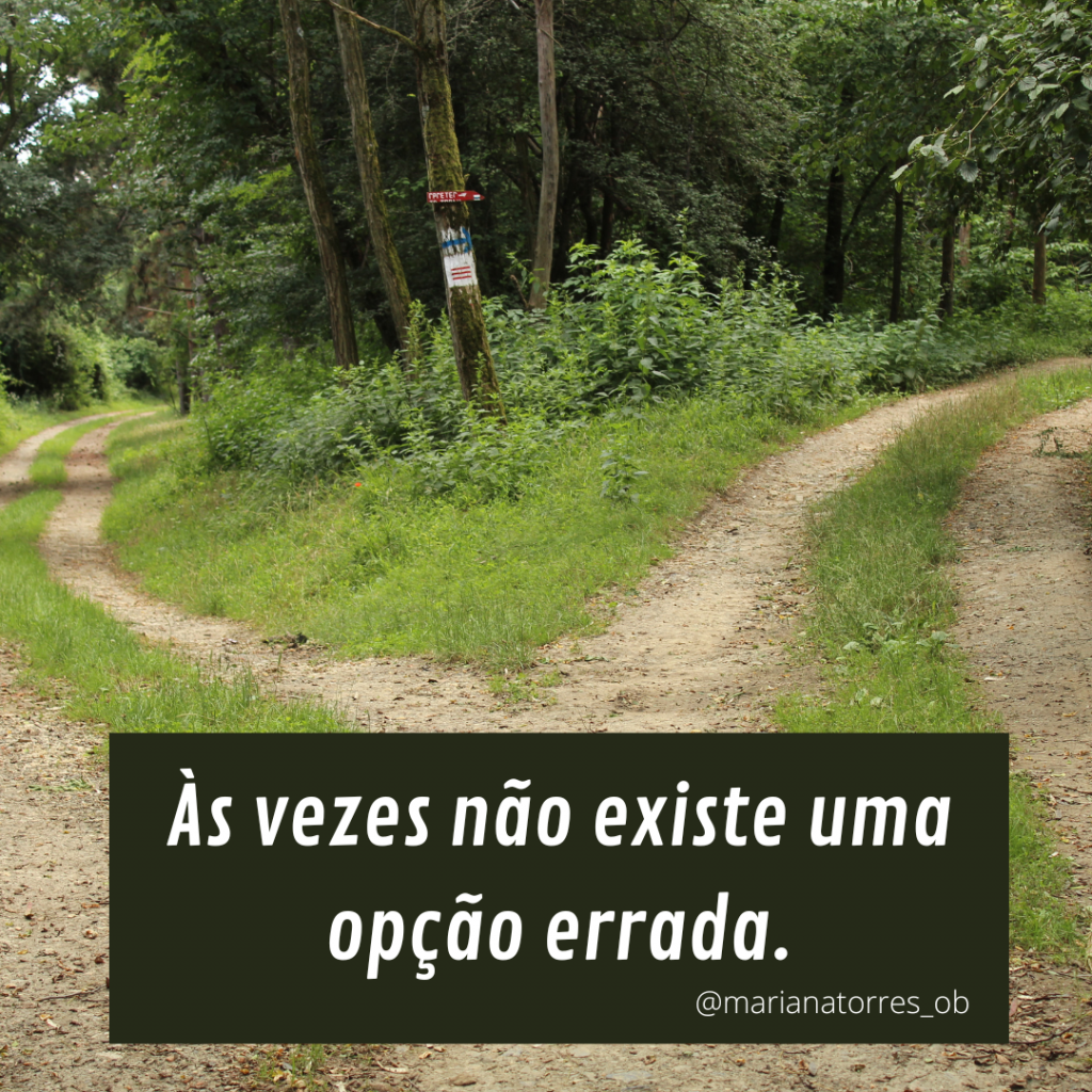 caminho que se bifurca e texto "às vezes não existe uma opção errada"