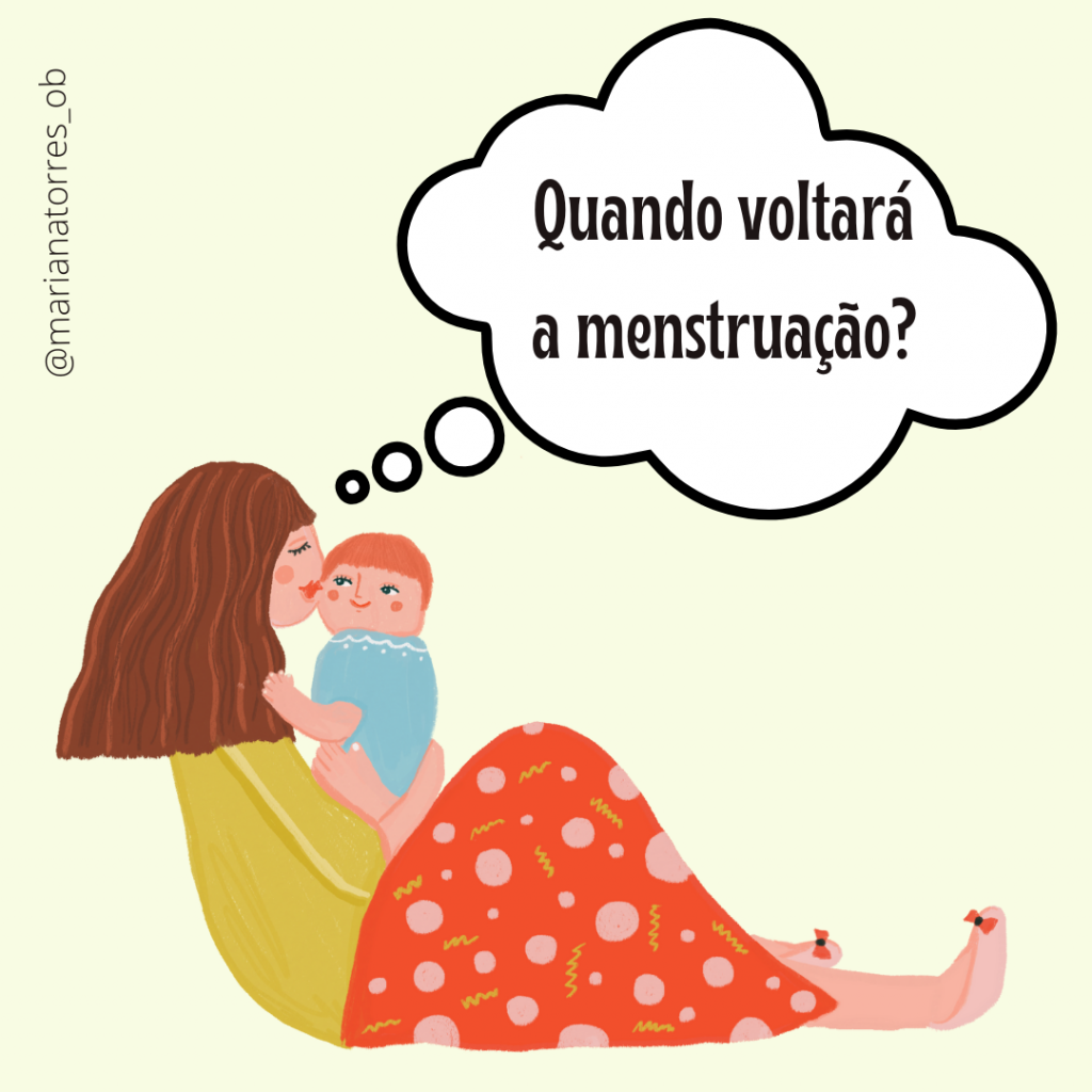 puérpera a segurar recém nascido e a questionar quando voltará a menstruação